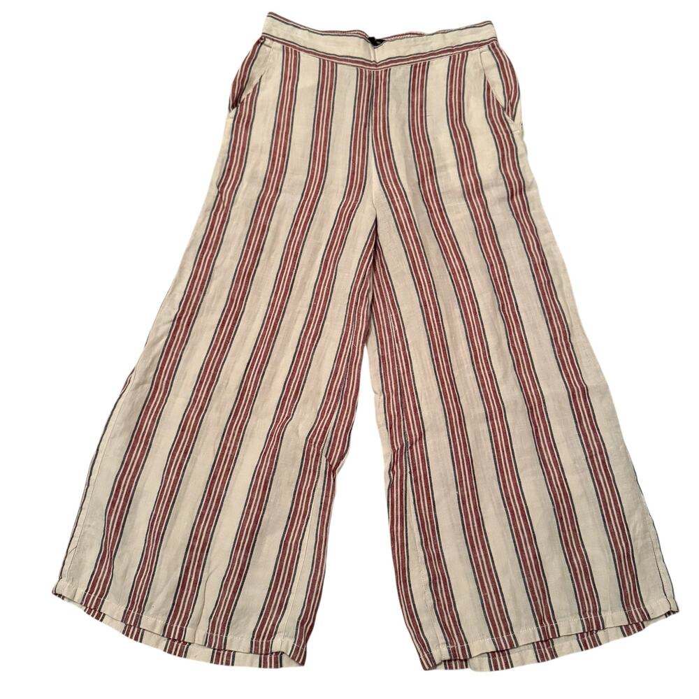 Tahari Crop Pants 100% Linen Wide Leg Elastic Waist Striped Cream Boho Small
